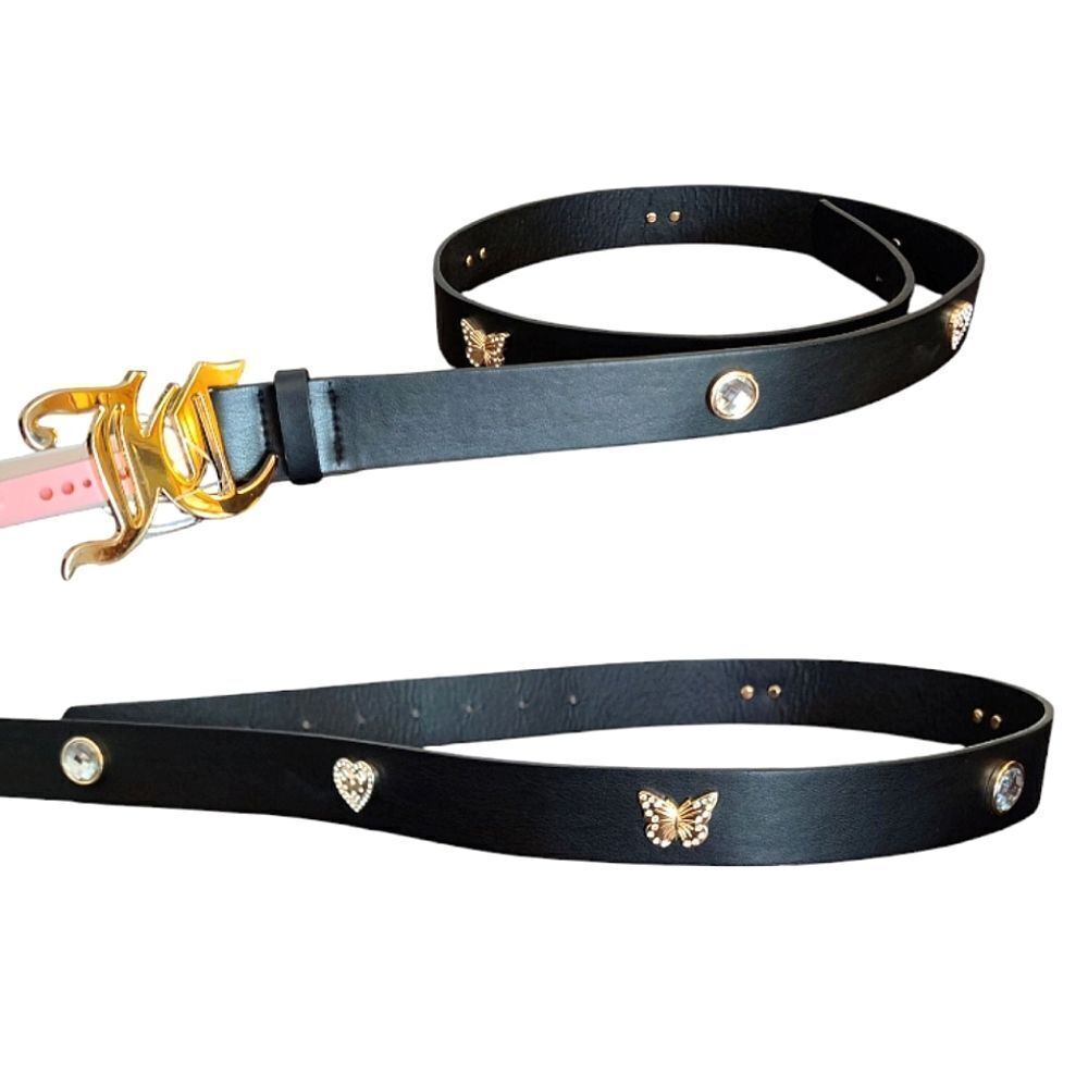 Juicy Couture Black Faux Leather Gold Logo Charmed Waist Belt Med/‎ Lrg NWT